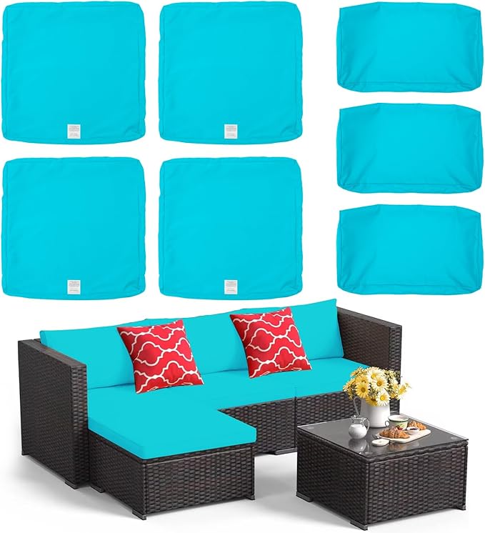 ClawsCover 7Pack Outdoor Seat and Back Cushions Replacement Covers Fit for 3/5 Pieces 4-Seater Wicker Rattan Patio Furniture Conversation Set Sectional Couch,Turquoise-Small (Include Cover Only) - LeafyLoom