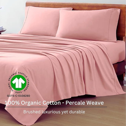 LANE LINEN 100% Organic Cotton Queen Sheets Set, 4-Piece Pure Organic Cotton Percale Sheets Queen, Cotton Bedsheets, Ultra Soft Bedding Sheets, Breathable, Fits Mattress Upto 15" Deep - Rose Dawn - LeafyLoom