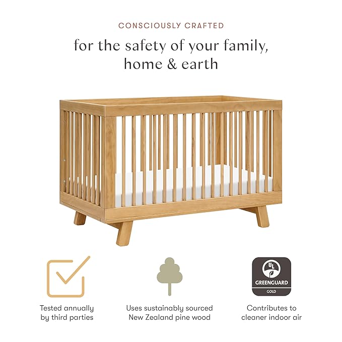 babyletto Hudson 3-in-1 Convertible Crib with Toddler Bed Conversion Kit in Honey, Greenguard Gold Certified - LeafyLoom