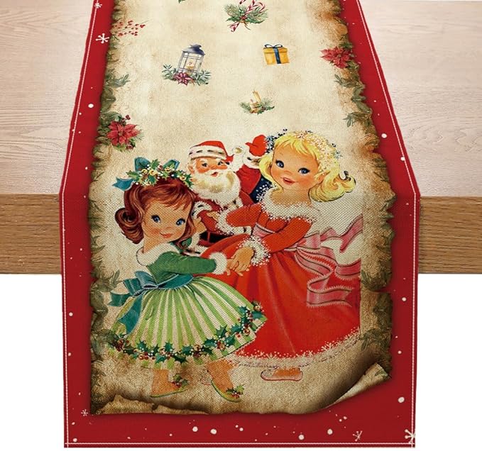 Vintage Christmas Table Runner Christmas Decorations - Red Vintage Style Santa Claus Girls Merry Christmas Winter Xmas Home Kitchen Dining Table Decor, Christmas Party Decorations 13 x 60 Inch Racenaf