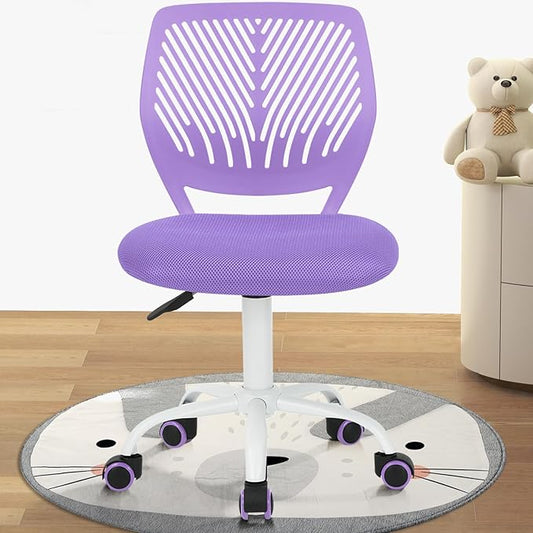 FurnitureR Desk Chair Small Study Chairs Armless for Child Kids Teens, Swivel Rolling Lightweight Mid Back Task Chair with Wheels and Mesh Padded Cushion, Purple - LeafyLoom