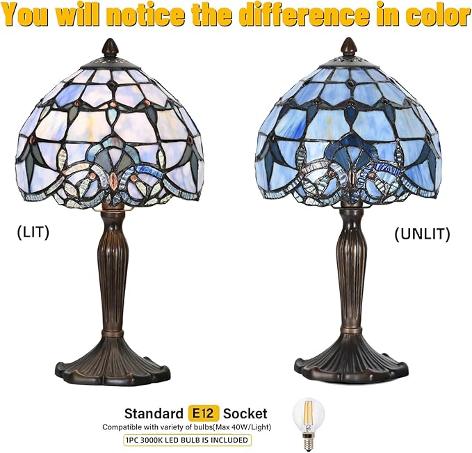 Tiffany Lamp Baroque Design Stained Glass Table Lamp for Living Room Bedroom Bedside Nightstand Home Office (Blue baroque) - LeafyLoom