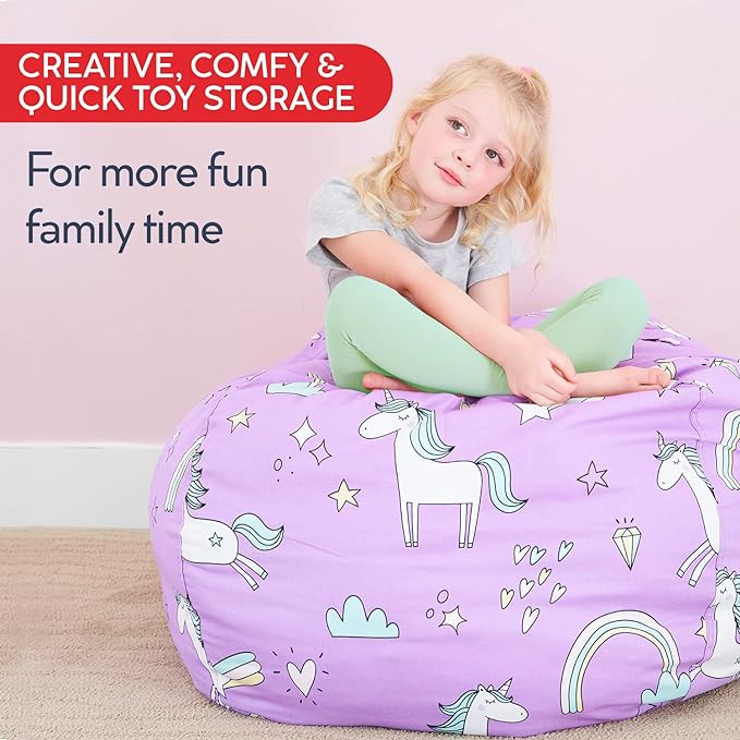 Creative QT Stuff ’n Sit Large 33’’ Bean Bag Storage Cover for Stuffed Animals & Toys – Hot Pink & White Stripe – Toddler & Kids’ Rooms Organizer – Beanbag Makes Great Plush Toy Hammock Alternative - LeafyLoom