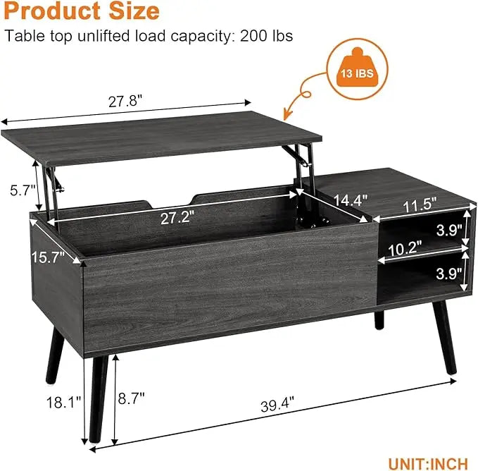 Lift Top Coffee Table with Storage - Grey Coffee Table with Lifting Top - Dark Gray Coffee Table Wood - Rectangle Coffee Tables That Lifts up for Living Room - LeafyLoom