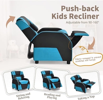 RACER Larger Kids Gaming Chair Leather Recliner Sofa Children Ages 3-12, BlackBlue - LeafyLoom