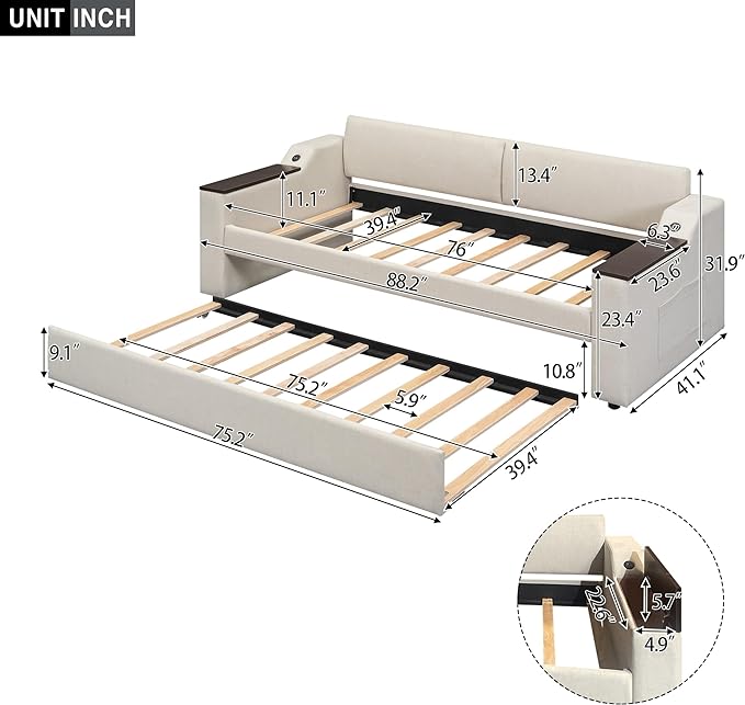 Upholstered Size Upholstery Trundle, Daybed Sofa Bed Frame with Storage Arms & USB Charging Design for Living Room Bedroom, Beige, Twin XL - LeafyLoom