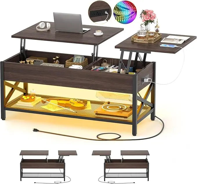 Aheaplus Coffee Table, Lift Top Coffee Table with LED light and Power Outlet, Modern Lift-Top Table with Storage Shelf, Center Table for Living Room with Lift Tabletop, X Support Metal Frame, Espresso - LeafyLoom