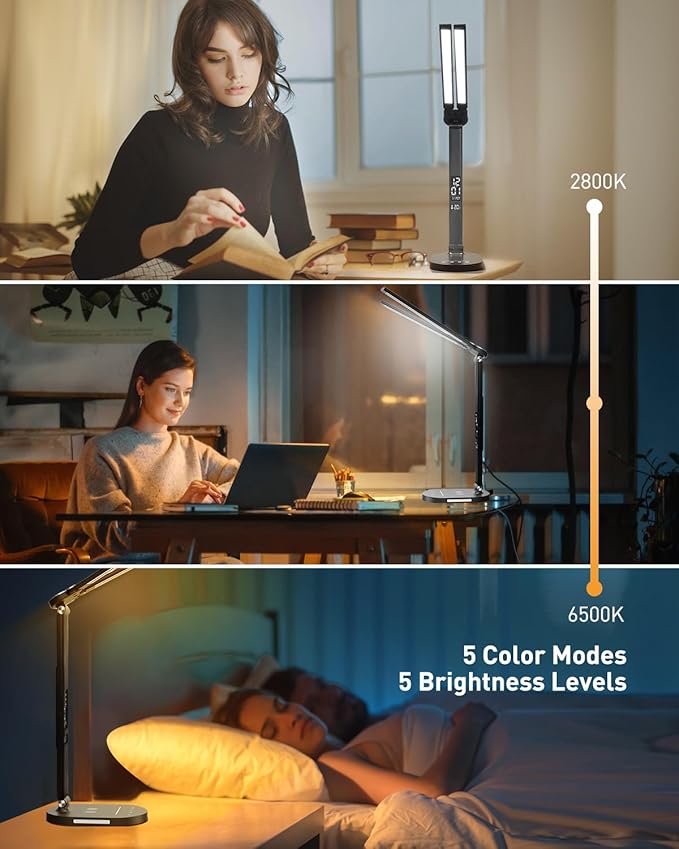 LED Desk Lamps for Home Office, Double Head Table Lamp with Wireless Charger, USB Charging Port, Clock, Alarm, Date, Temperature, Bedside Nightstand Light with Night Light for Bedroom Reading 14W - LeafyLoom