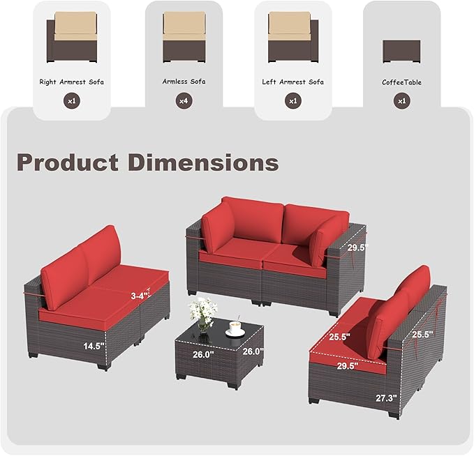 Outdoor Furniture Set 7PCS Patio Furniture for Backyard Wicker Sectional Sofa Set 6 Seats, PE Rattan Outdoor Conversation Set with Thickened Cushions and Glass Coffee Table, Red - LeafyLoom