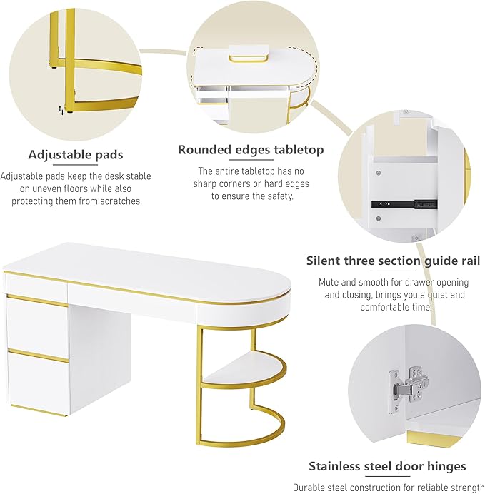 NicBex Laik-DW-00036-DX Desks, 60" W x 26.1" D x 31.9" H, Gold+White - LeafyLoom