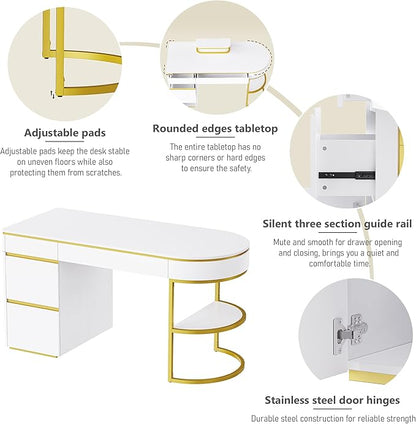 NicBex Laik-DW-00036-DX Desks, 60" W x 26.1" D x 31.9" H, Gold+White - LeafyLoom