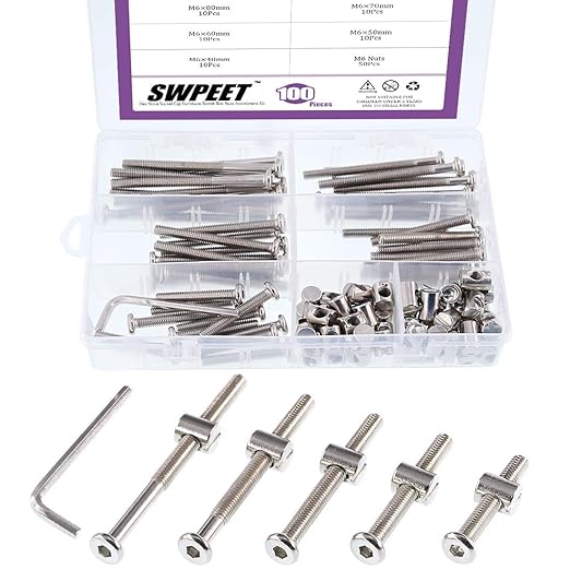 Swpeet 100Pcs Crib Hardware Screws, Nicked Plated M6 × 40/50/60/70/80mm Hex Socket Head Cap Crib Baby Bed Bolt and Barrel Nuts with 1 x Allen Wrench Perfect for Furniture, Cots, Crib Screws - LeafyLoom