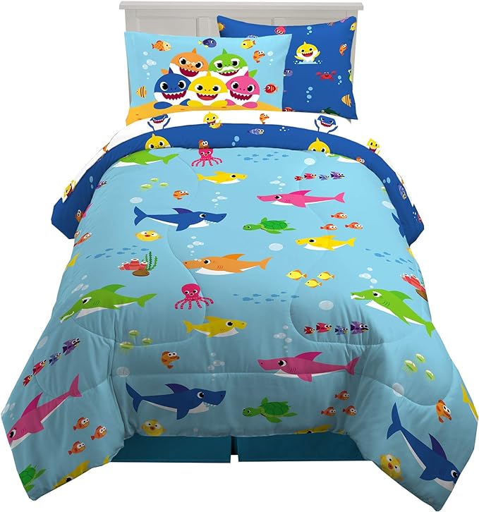 Franco Kids Bedding Super Soft Comforter and Sheet Set with Sham, 5 Piece Twin Size, Baby Shark - LeafyLoom