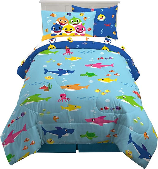 Franco Kids Bedding Super Soft Comforter and Sheet Set with Sham, 5 Piece Twin Size, Baby Shark - LeafyLoom