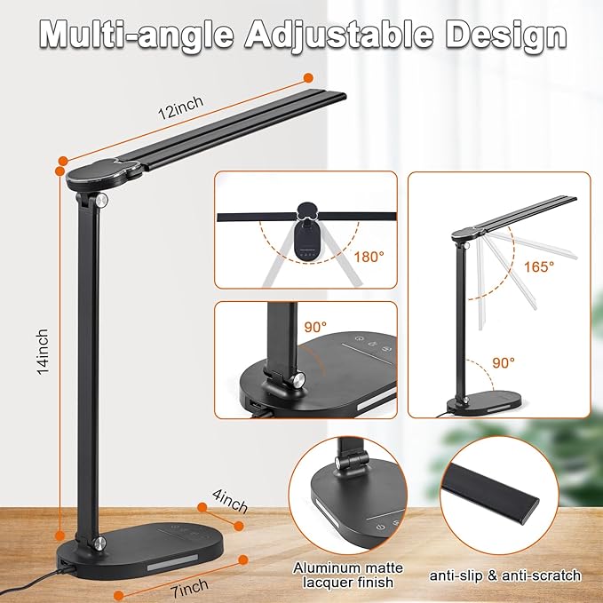 Doule Head Desk Lamp, Dimmable Desk Light, Adjustable Reading Lamps, Eye-Caring Table Lamp, Multi-Angle Adjustable and Foldabel Design Table Lamp - Black - LeafyLoom