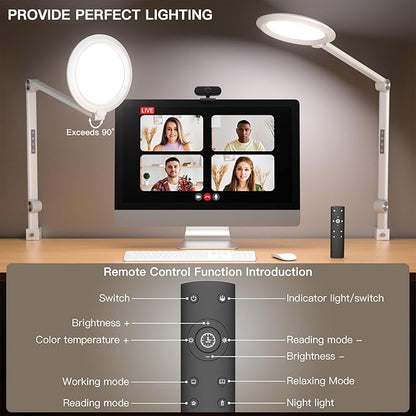 LED Desk Lamp for Video Conferencing, Webcam Light, Reading Light, Dimmable 4 Color Modes, 18W Desk Light, Clip on Light, Eye Care Zoom Light, for Home Office and Office Use - LeafyLoom