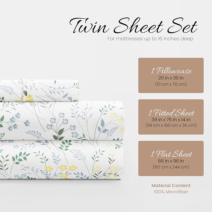 Linen Market 3 Piece Twin Bedding Sheet Set (Light Blue Floral) - Sleep Better Than Ever with These Ultra-Soft & Cooling Bed Sheets for Your Twin Size Bed - Deep Pocket Fits 16" Mattress - LeafyLoom