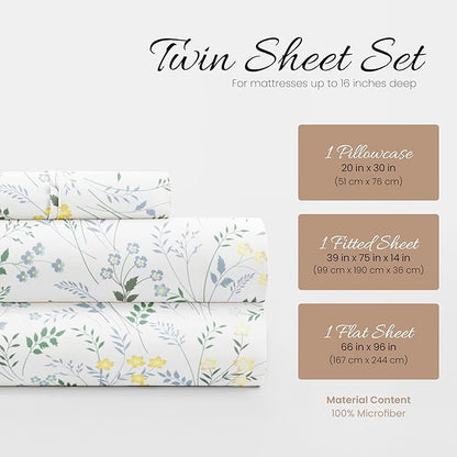 Linen Market 3 Piece Twin Bedding Sheet Set (Light Blue Floral) - Sleep Better Than Ever with These Ultra-Soft & Cooling Bed Sheets for Your Twin Size Bed - Deep Pocket Fits 16" Mattress - LeafyLoom