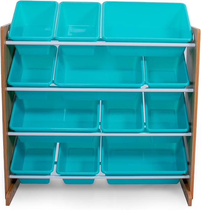 Humble Crew, Natural Wood/Aqua 12 Bin Toy Storage Organizer - LeafyLoom