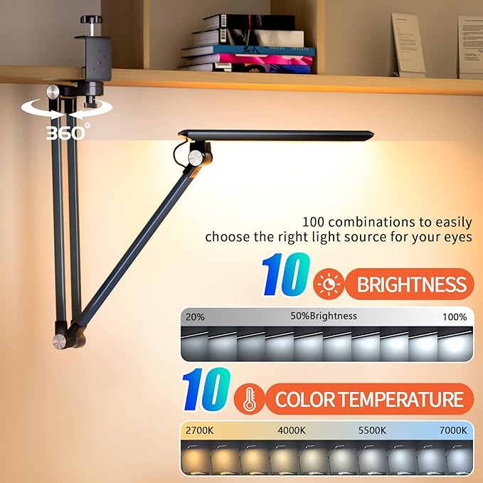 LED Desk Lamps,10 Color Modes 2700k-7000k Lighting and Stepless Dimming Modern Table Lamp for Monitor Studio Reading,Architect Clamp for Home Office Iron-Grey 15W… - LeafyLoom