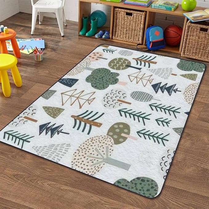 Soft Kids Play Area Rugs 3D Home Woodland Seamless Trendy Forest Texture Abstract Hand Drawn Tree Plush Rugs Non Slip Shaggy Carpets for Kids' Bedroom Classroom Playroom Nursery Décor - LeafyLoom