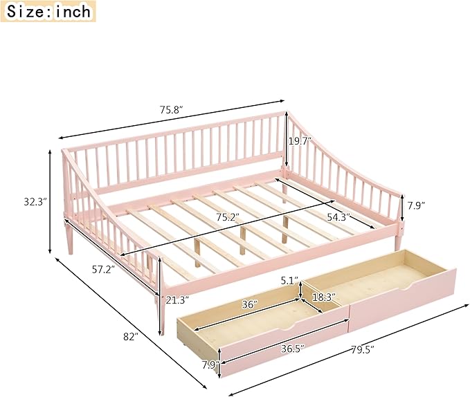 Full Size Daybed with Two Drawers,Solid Wood Storage Bed Frame W/Wooden Slat Support,Guide Rail Design on Three Sides,Easy to Assemble,for Bedroom Living Room,Pink - LeafyLoom