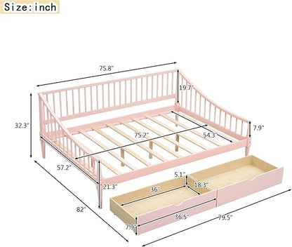 Full Size Daybed with Two Drawers,Solid Wood Storage Bed Frame W/Wooden Slat Support,Guide Rail Design on Three Sides,Easy to Assemble,for Bedroom Living Room,Pink - LeafyLoom