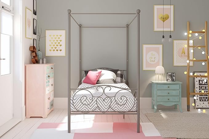 DHP Metal Canopy Kids Platform Bed with Four Poster Design, Scrollwork Headboard and Footboard, Underbed Storage Space, No Box Sring Needed, Twin, Pewter - LeafyLoom