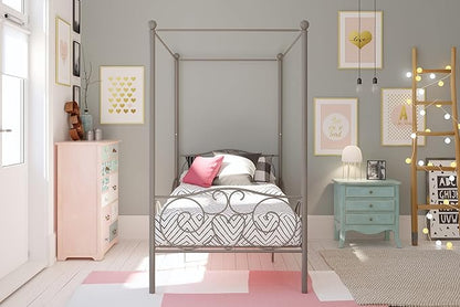 DHP Metal Canopy Kids Platform Bed with Four Poster Design, Scrollwork Headboard and Footboard, Underbed Storage Space, No Box Sring Needed, Twin, Pewter - LeafyLoom