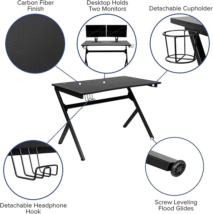 Flash Furniture Duncan Gaming Desk 45.25" x 29" Computer Table Gamer Workstation with Headphone Holder and 2 Cable Management Holes, Set of 1,Black - LeafyLoom