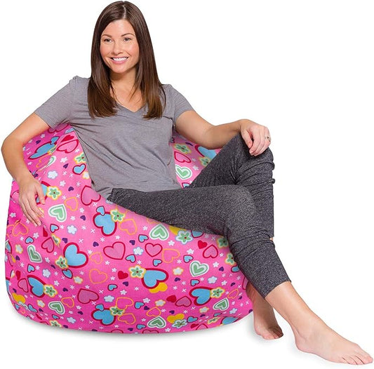 Posh Creations Bean Bag Chair for Kids, Teens, and Adults Includes Removable and Machine Washable Cover, Canvas Multi-Colored Hearts on Pink, 48in - X-Large - LeafyLoom