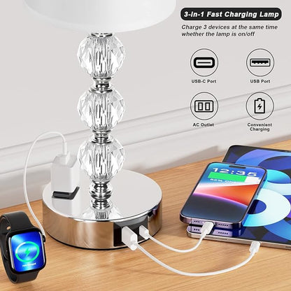 Touch Bedside Crystal Lamps for Bedrooms Nightstand with USB C+A Charging Port and AC Outlet White, 3 Way Dimmable Silver Small End Side Table Lamp for Living/Guest/Dinning Room/Kitchen - LeafyLoom