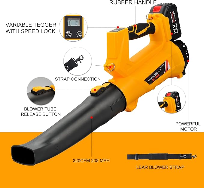 Cordless Leaf Blower - 320CFM 208MPH 21V Electric Handheld Leaf Blower with 5.2Ah Battery and Charger, 6 Variable Speed Leaf Sweeper for Leaves, Snow Debris, Dust, Yard Cleaning (Yellow) - LeafyLoom