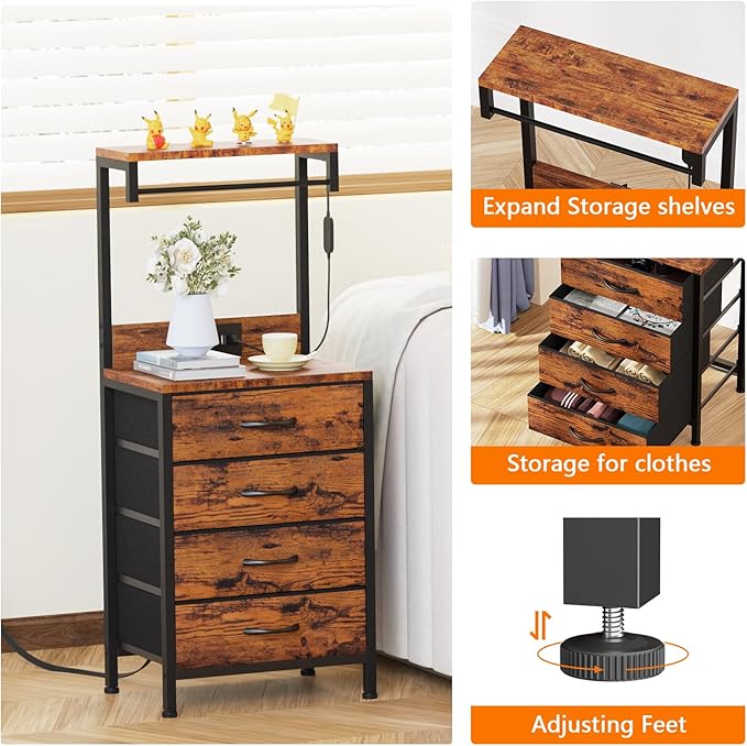 Furnulem Tall Nightstands Set of 2, Night Stand with 4 Drawers and and shelves, Tall Bedside Table with Charging Station and LED Lights for Bedroom, Office, Dorm (Rustic Brown) - LeafyLoom