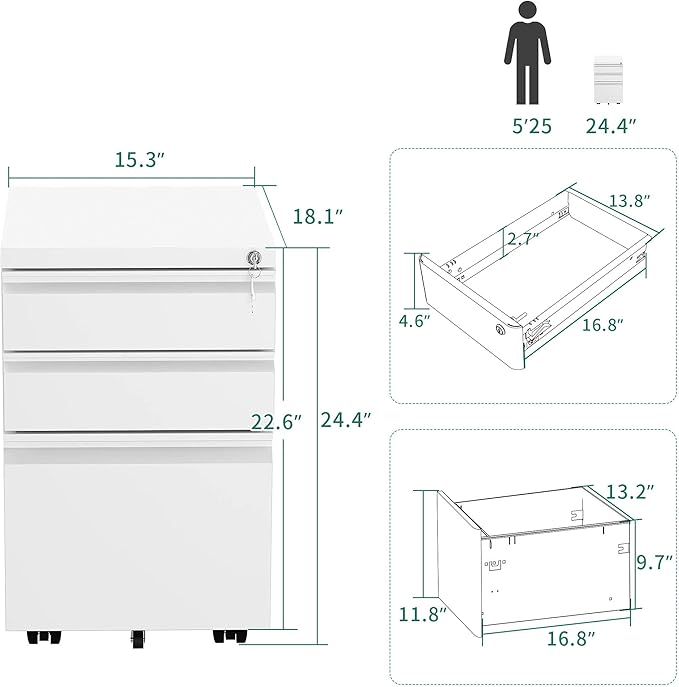 YITAHOME 3-Drawer Mobile File Cabinet with Lock, Office Storage Filing Cabinet for Legal/Letter Size, Pre-Assembled Metal File Cabinet Except Wheels Under Desk -White - LeafyLoom