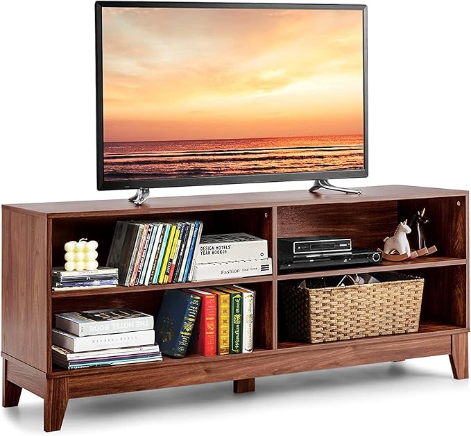 LUARANE TV Stand for TVs, up to 55 65 Inch, Console Table Cabinet MDF Storage Console, with 4 Open Storage Shelves, 4 Cord Management Holes, for Living Room and Entertainment Room (Coffee) - LeafyLoom