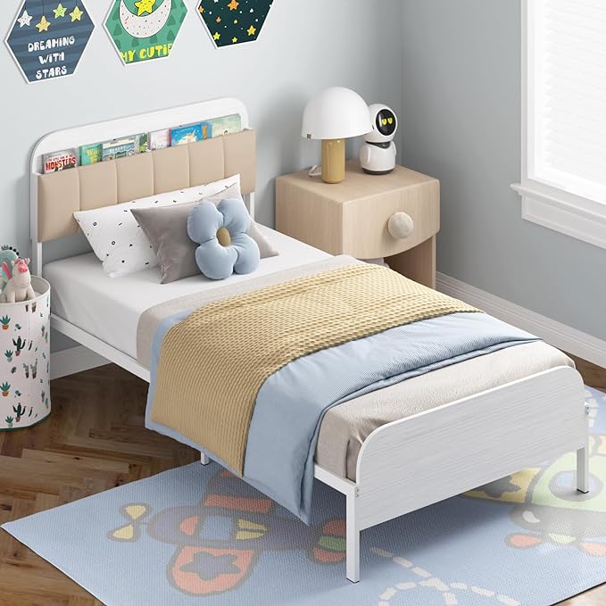 Timy Kids Twin Bed Frame with Bookcase Headboard, Metal Platform Bed Frame with Upholstered Headboard for Boys Girls Teens Adults, No Box Spring Needed, White - LeafyLoom