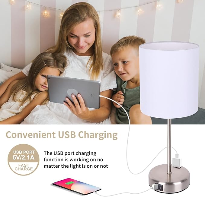 Bedside Touch Control Lamps for Bedroom Set of 2-3 Way Dimmable Table Lamp with USB A+C Charging Ports, Nightstand Lamp for Living Room Office, Bed Side Light with E26 LED Bulbs. - LeafyLoom