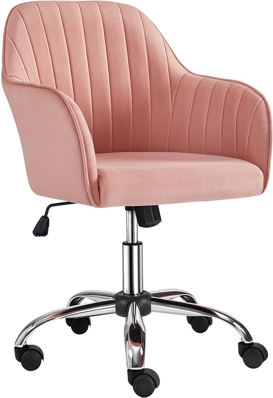 Yaheetech Velvet Vanity Chair Makeup Chair Cute Office Chair Aesthetic Desk Chair Height Adjustable Task Chairs 360° Swivel Computer Chair Living Room Chairs with Arms&Stainless Base Accent Pink - LeafyLoom