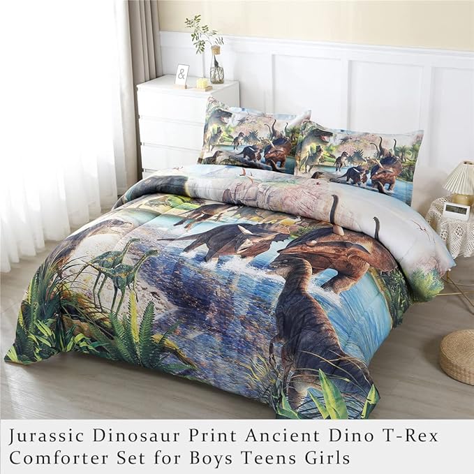 WINLIFE Dinosaur Comforter Set Twin Kids Bedding Set T-Rex Jurassic Jungle Dino Comforter Sets for Boys Teens, Lightweight Easy Care Bedding (2 Pieces, Twin) - LeafyLoom