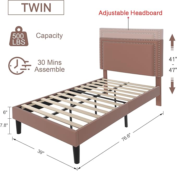 VECELO Twin Size Platform Bed Frame with Adjustable Upholstered Headboard, Modern Mattress Foundation, Strong Wood Slat Support, No Box Spring Needed, Easy Assembly - LeafyLoom