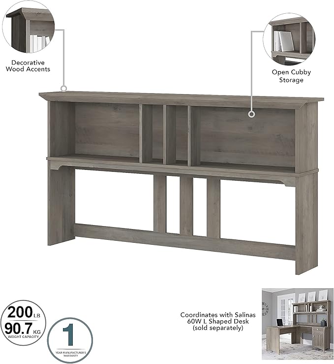 Bush Furniture Salinas Hutch, Desk Attachment with Shelf Storage for Home Office, 60W, Driftwood Gray - LeafyLoom