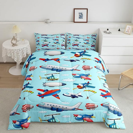 Feelyou Kids Aircraft Comforter Set Boys Cartoon Airplane Print Comforter Helicopter Flying Plane Bedding Set for Girls Travel Decor Duvet Set Cute Colorful Planes Room Decor King Size Quilt Boys - LeafyLoom