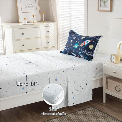 Planet Twin Comforter Set for Boys Girls 4-Piece Rocket Kids Bedding Sets Galaxy Space Stars Bedroom Decor - Include Reversible Comforter, Flat Sheet, Fitted Sheet and Pillowcase - LeafyLoom