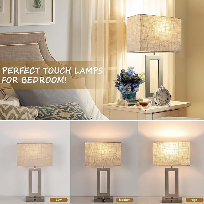 Lamps for Living Room Set of 2 Touch Control Table Lamps with 2 USB Ports 3-Way Dimmable Bedside Nightstand Lamps Bedrooms Brushed Nickel Lamp for End Table Contemporary Lamps with Beige/Grey Shades - LeafyLoom