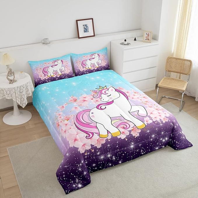 Unicorn Comforter Set Queen, Kids Unicorn Floral Bedding for Girls Boys Children Bedroom Decor, Cherry Blossoms Glitter Down Comforter Galaxy Kawaii Quilt Set with 2 Pillowcases, Blue Purple Ombre - LeafyLoom