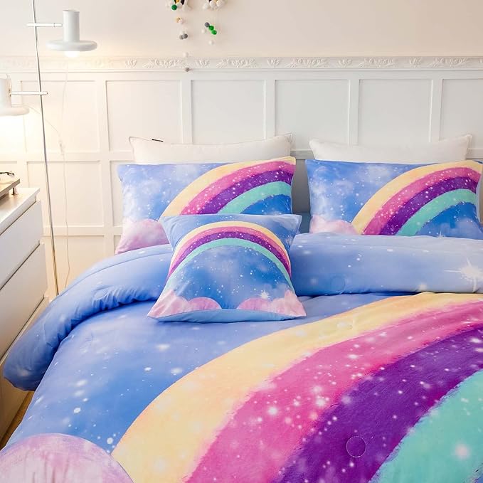 Aqua Blue Full Size Kids Comforter Sets for Girls, 6Pcs Colorful Rainbow Gradient Bedding Set, 3D Glitter Galaxy Bed in A Bag with Comforter, Sheets and Pillowcases for Teens - LeafyLoom