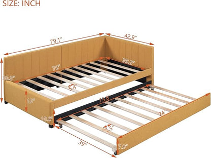 Twin Size Upholstered Linen Daybed with 2 Trundle,Semi-Closed Design,Solid Wood Bed Frame,W/Backrest and Slat Support,No Box Spring Needed,for Apartment Bedroom,Yellow - LeafyLoom