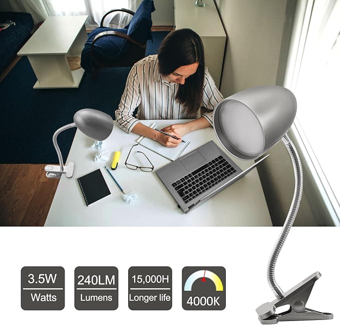 Desk lamp with Clamp, Non-Dimmable Clip Light for Bed and Desk, 4000K Cool White, 3.5W 240 LM Flexible Gooseneck lamp, Eye Protection, ETL Listed - LeafyLoom