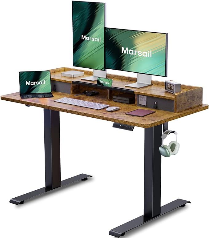 Marsail Electric Standing Desk with Dual Drawers (55 inch, Vintage) - LeafyLoom